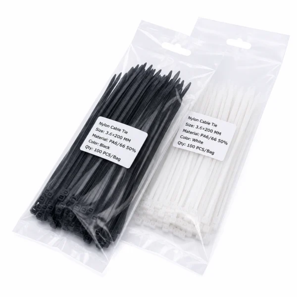 Packaged black and white 4.4mm standard cable ties ready for wholesale and retail distribution
