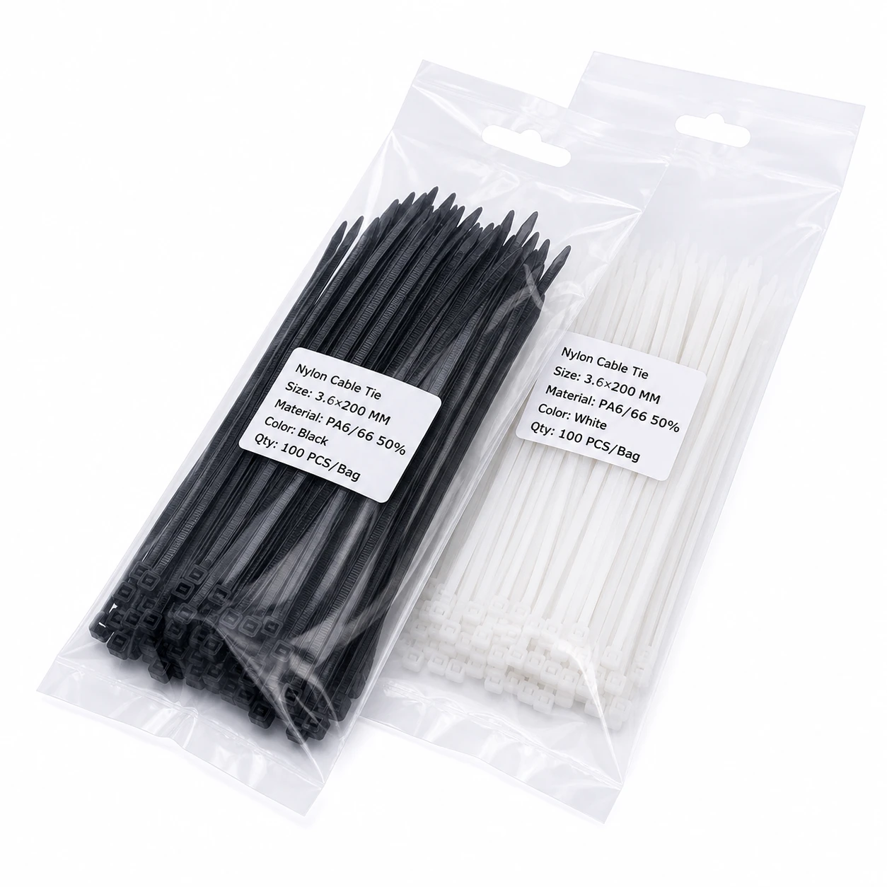 Packaged black and white 4.4mm standard cable ties ready for wholesale and retail distribution