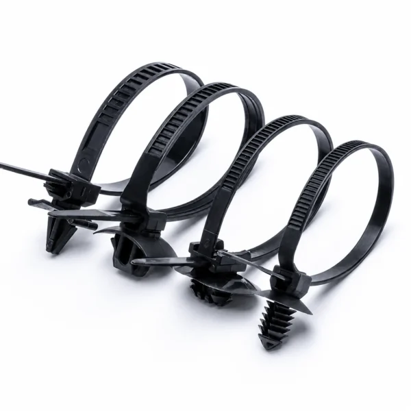 Push mount cable ties in black nylon for wire bundling and panel mounting