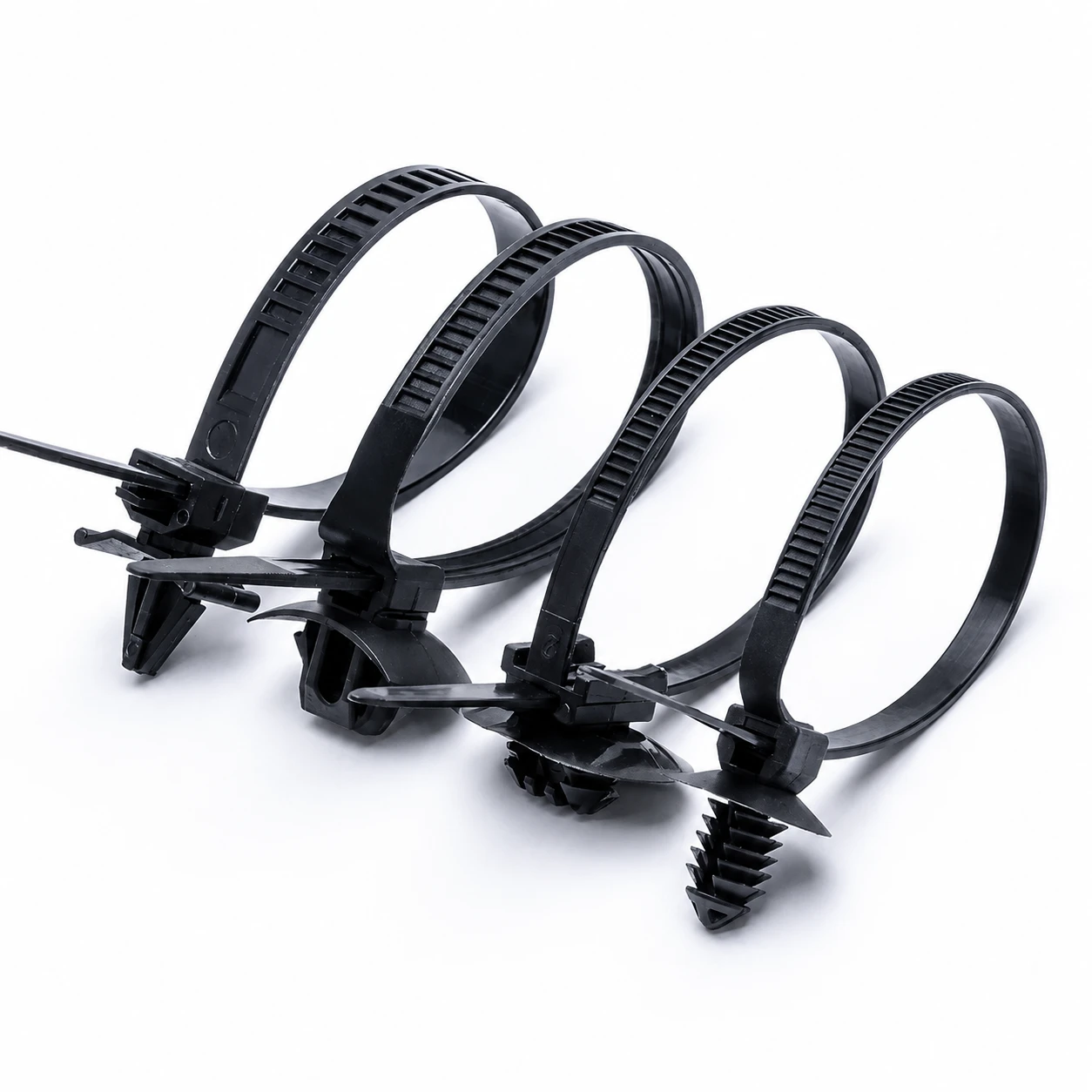 Push mount cable ties in black nylon for wire bundling and panel mounting