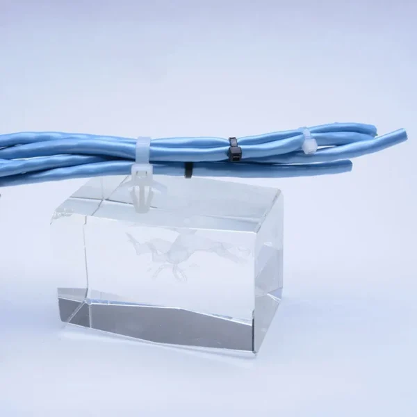 Push mount cable ties securing blue wires on a panel mounting display