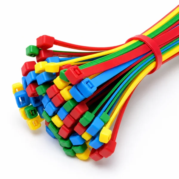 Multi coloured cable ties bundled together in red, yellow, blue, and green for cable organization