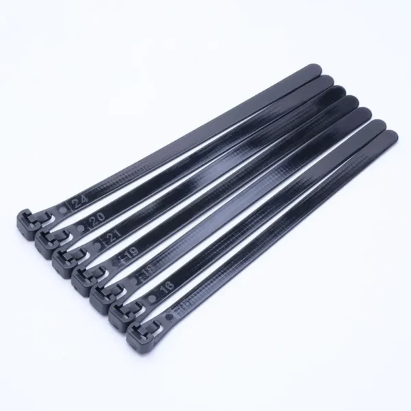 Black releasable cable ties available in multiple sizes for reusable fastening