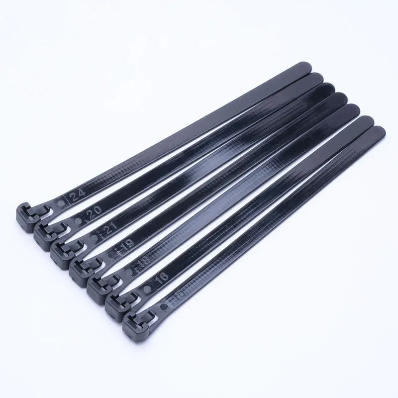 Black releasable cable ties available in multiple sizes for reusable fastening