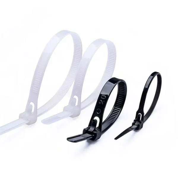 Six black releasable cable ties with adjustable locking heads for cable management