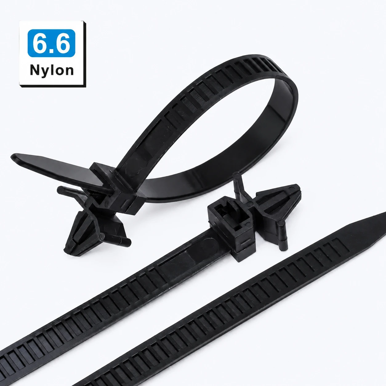 Reusable push mount cable ties made from nylon 6.6 for cable management and mounting