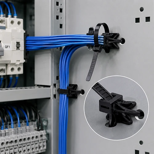 Reusable push mount cable ties securing blue cables inside electrical control panel