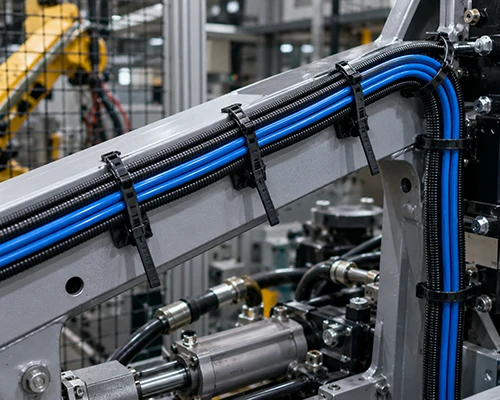 Reusable push mount cable ties securing wiring harnesses on industrial machinery frame