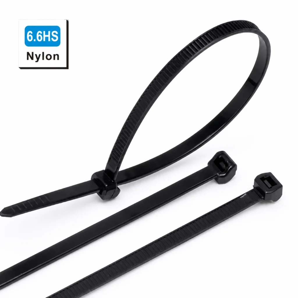 Black reverse tooth cable tie with external serration design for automotive wire harness and cable protection