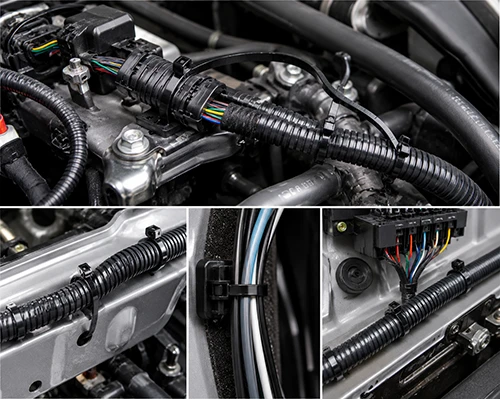 Reverse tooth cable tie securing automotive wiring harnesses while protecting cable insulation from wear and abrasion