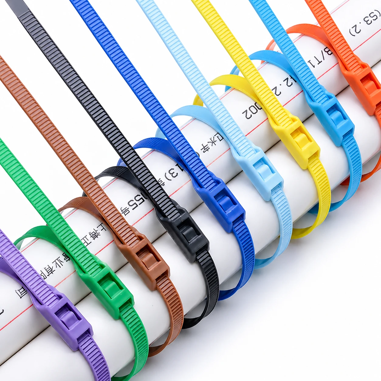 Multi-color reverse type nylon cable ties securing plastic pipes and cable bundles with smooth surface protection