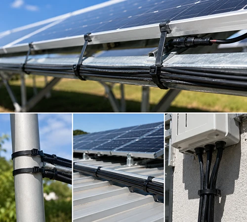 PA12 Cable Ties 105℃ securing solar panel cables in outdoor photovoltaic installations