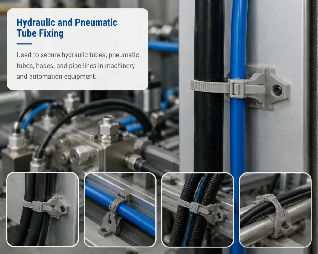 Tube fixing cable ties securing hydraulic and pneumatic tubes